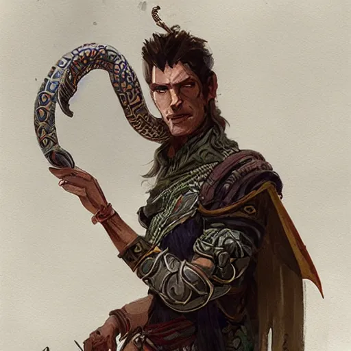 Prompt: Warlock Wearing a serpent as a bracelet, D&D, Fantasy, by Greg Rutkowski