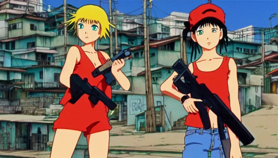 Image similar to 1 9 8 6 anime screencap of a girl with a gun on a rio de janeiro anime, by hayao miyazaki, studio ghibli, beautiful favela background extremely high quality artwork 4 k