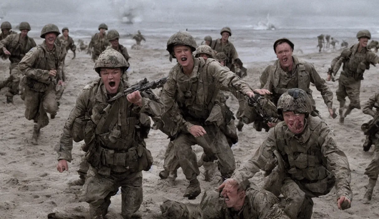 Prompt: Hollywood image of Matthew Lillard as shaggy from scooby doo, storming the beaches of Normandy, with soldiers by his side, saving private Ryan, 70mm film, HD, high detail, photorealistic, epic shot, Hollywood cinematic masterpiece, Christopher Nolan