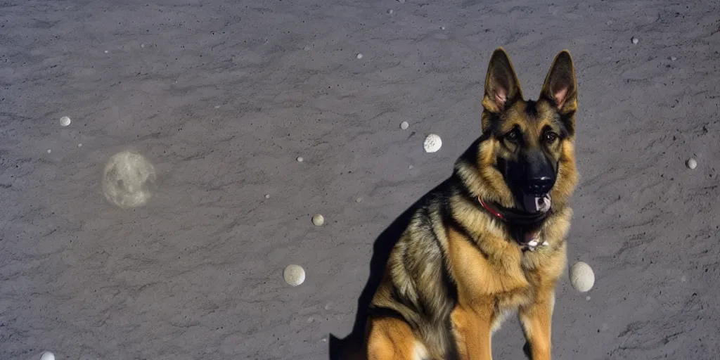 Prompt: high resolution colour photograph of a german shepherd on the moon surface, wearing a space suit, portrait, very detailed, realistic, shot on digital camera