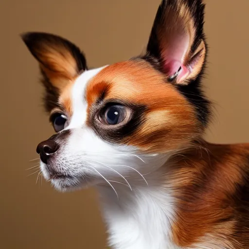 Prompt: studio photo of a calico cat chihuahua hybrid, 4k