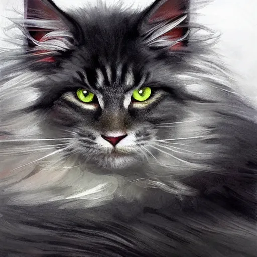 Prompt: a big old menacing dark grey maine coon cat with white belly, white paws and white face markings with long fur and fluffy tail, sitting, intricate, elegant, highly detailed, digital painting, artstation, concept art, matte, sharp focus, illustration, art by Artgerm and Greg Rutkowski and Alphonse Mucha