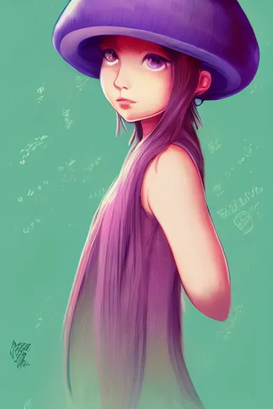 Image similar to a little girl wearing a mushroom hat in 9 0 s outfit | | purple curvy hair, pretty face, fine details, digial art by lois van baarle and sakimichan, anatomically correct, perfect composition, symmetrical, fantastic, clean details, anime character, extremely detailed, ray tracing