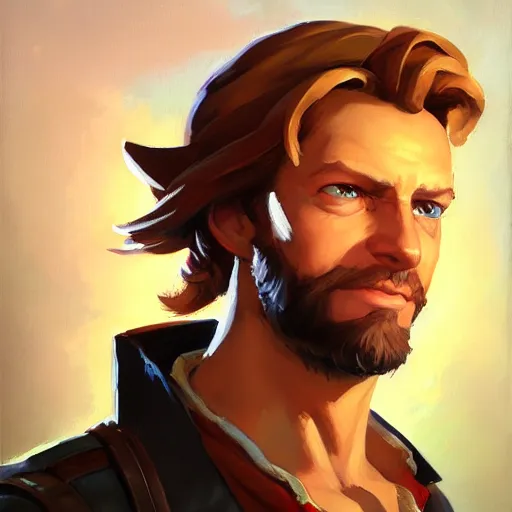 Image similar to Greg Manchess portrait painting o Guybrush Threpwood as Overwatch character, medium shot, asymmetrical, profile picture, Organic Painting, sunny day, Matte Painting, bold shapes, hard edges, street art, trending on artstation, by Huang Guangjian and Gil Elvgren and Sachin Teng