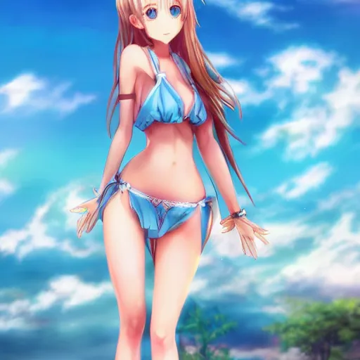 Image similar to a very beautiful mature yuuki asuna, full body, long wavy blond hair, sky blue eyes, full round face, bikini, miniskirt, front view, cute pose, highly detailed, cinematic wallpaper by stanley artgerm lau