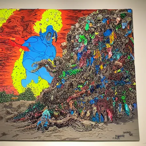 Image similar to crayon art by geof darrow tumultuous. in the center of the photograph is a large gateway that seems to lead into abyss of darkness. on either side of the gateway are two figures, one a demon - like creature, the other a skeletal figure.