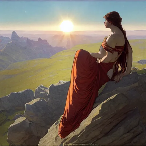 Prompt: a detailed colossal magnificent stone sculpture carved from the top of a massive mountain of an elegant woman lying flat on the mountain peak with one hand raised to the sky, fine detail, sunrise on the horizon in the background, stone hand raised up, 8 k, art by greg rutkowski and alphonse mucha and andreas rocha and albert bierstadt