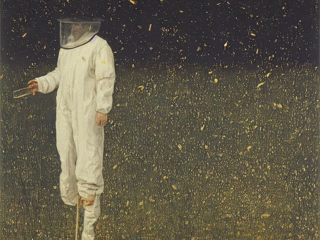 Image similar to painting by mikalojus konstantinas ciurlionis, bosch. portrait of a man in white beekeeping suit at night with fireflies