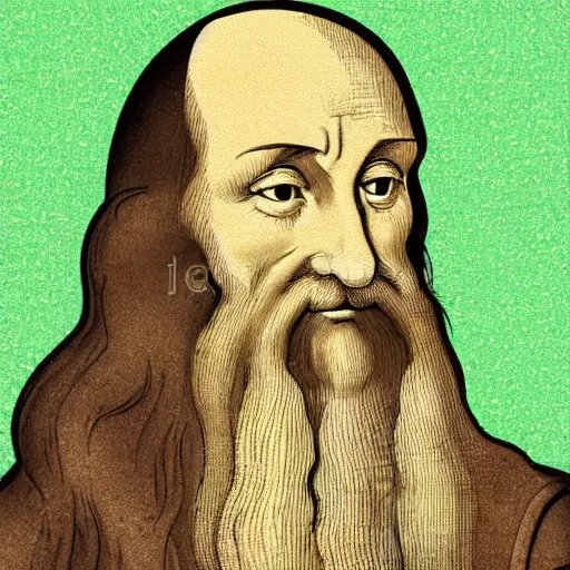 Image similar to portrait of leonardo da vinci in simple green background in the style of japanese cartoon and japanese wood print