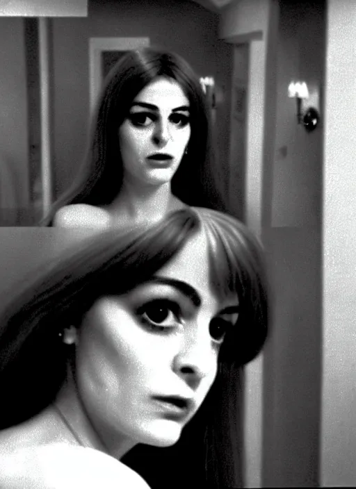 Image similar to a film still from a 1971 an Italian experimental independent comedy film of a slender rich young telenovela actress with bipolar disorder looking at the camera from across multiple alternating mirrors while in a swirling alternate reality. dark shadows under her tired eyes. soft detailed film still at 16K resolution and amazingly epic visuals. epically beautiful image. amazing lighting effect, image looks gorgeously crisp as far as it's visual fidelity goes, absolutely outstanding image. perfect film clarity. ultra image detail. iridescent image lighting. mind-breaking atmosphere. mega-beautiful pencil image shadowing. beautifully serene face. Ultra High Definition image. soft image shading. soft image texture. intensely beautiful image.