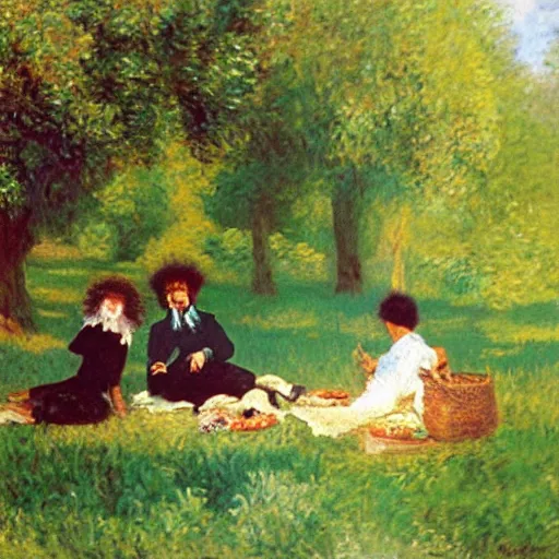 Image similar to napoleon and bob ross having picnic by monet