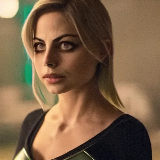 Prompt: film still of willa holland as an attractive female green arrow in the 2 0 1 7 film justice league, bleach blonde hair, focus on facial details, minimal bodycon feminine costume, dramatic cinematic lighting, inspirational tone, suspenseful tone, promotional art