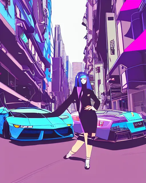 Prompt: cel shaded art of a pretty blue haired girl standing next to a purple lamborghinil, cyberpunk city street background