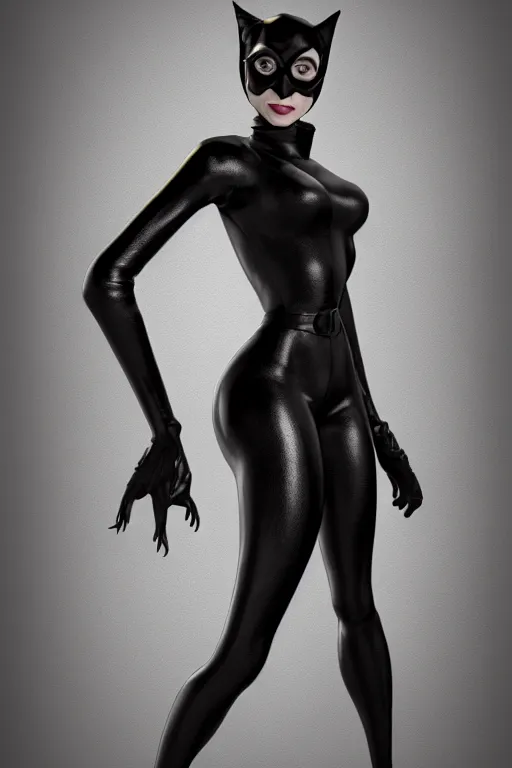 Image similar to full body 3d render of Catwoman in the style of Tim Burton, photorealistic, finalRender, octane, Unreal Engine