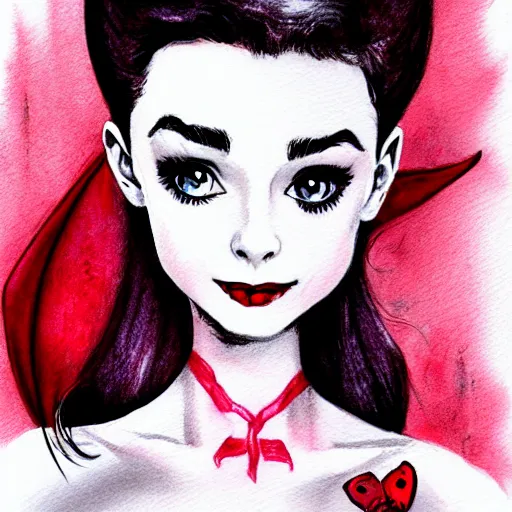 Image similar to an adorable vampire fairy inspired by audrey hepburn and kristen ritter, 8 k resolution whimsical watercolor pencil drawing, deviantart artstation