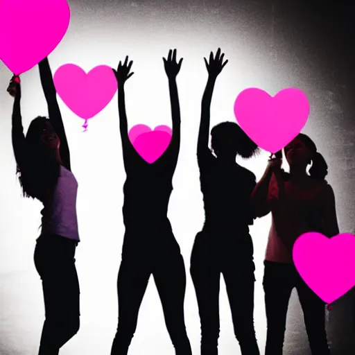 Image similar to silhouette of silly young women at a party having fun and holding balloons with pink hearts in the air