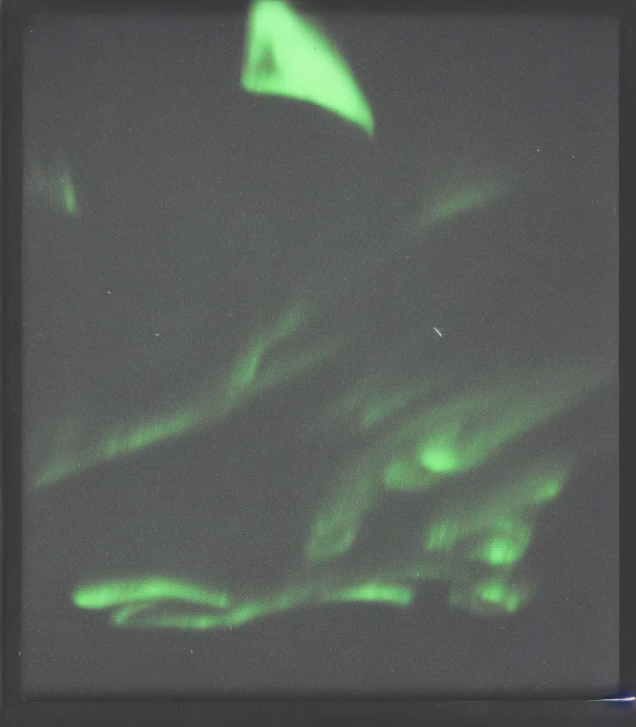 Prompt: polaroid photo of a clear UFO encounter in the artic, large black triangle with lights in each corner, aurora borealis, HD scan,