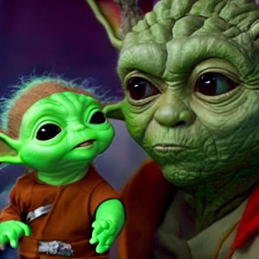 Prompt: baby yoda arguing with groot wearing star trek uniforms. high resolution.