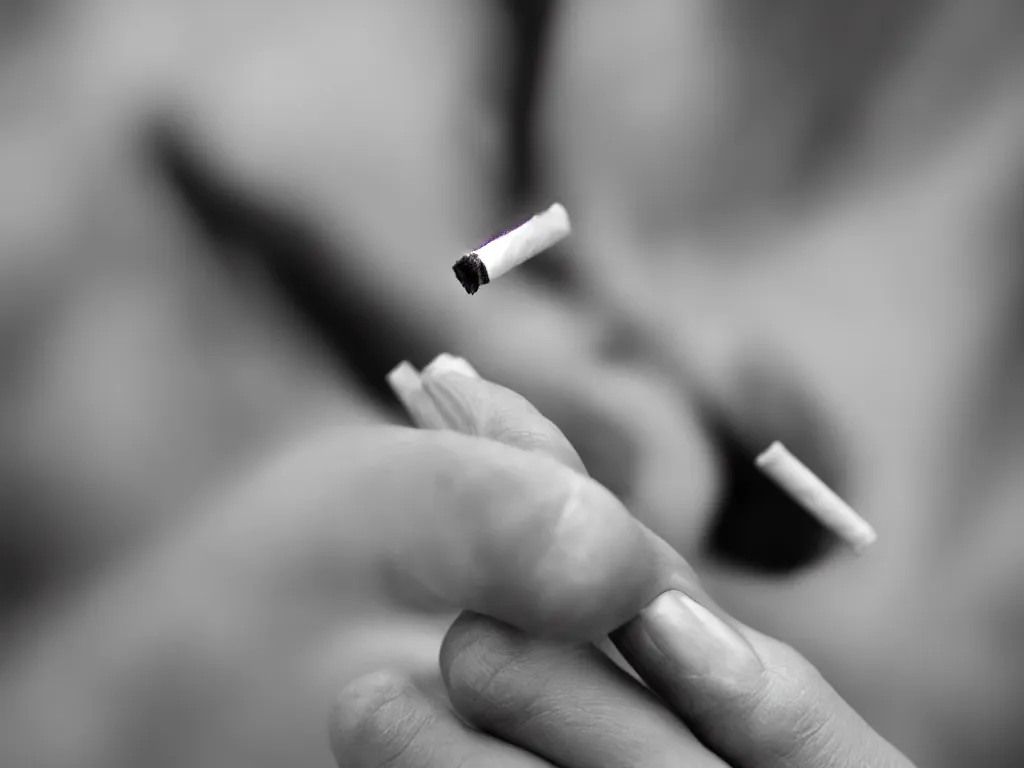 Image similar to Close-up view of hyperrealistic thin soft hand holding cigarette with smoke, photo by Damien Lovegrove, 4K