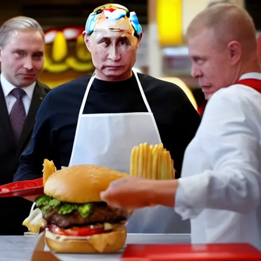 Prompt: Putin serving burgers at McDonalds