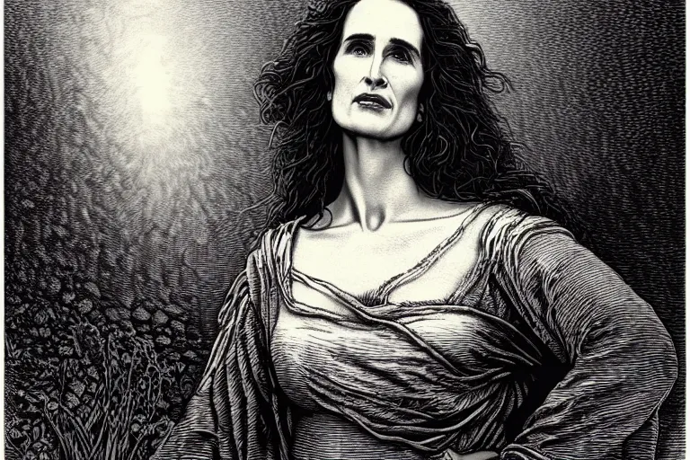 Image similar to andie macdowell portrait by gustave dore and dan mumford, museum print of copper plate etching