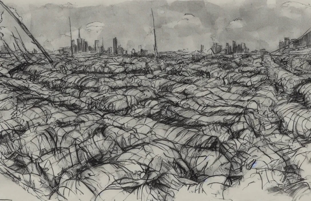 Image similar to milt kahl sketch of world war 1 trenches with the city of miami in the background