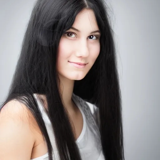 Image similar to young woman with long messy black hair, slightly smiling, 1 3 5 mm nikon portrait