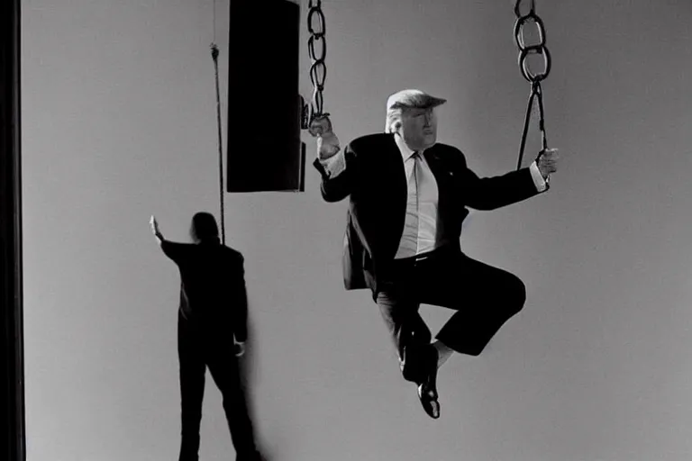 Prompt: donald trump as a spy hanging from a ceiling, breaking in, mission impossible photograph, tv show, cinematic