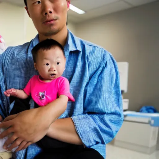 Prompt: a shocked, confused asian man holds african - american baby at the hospital