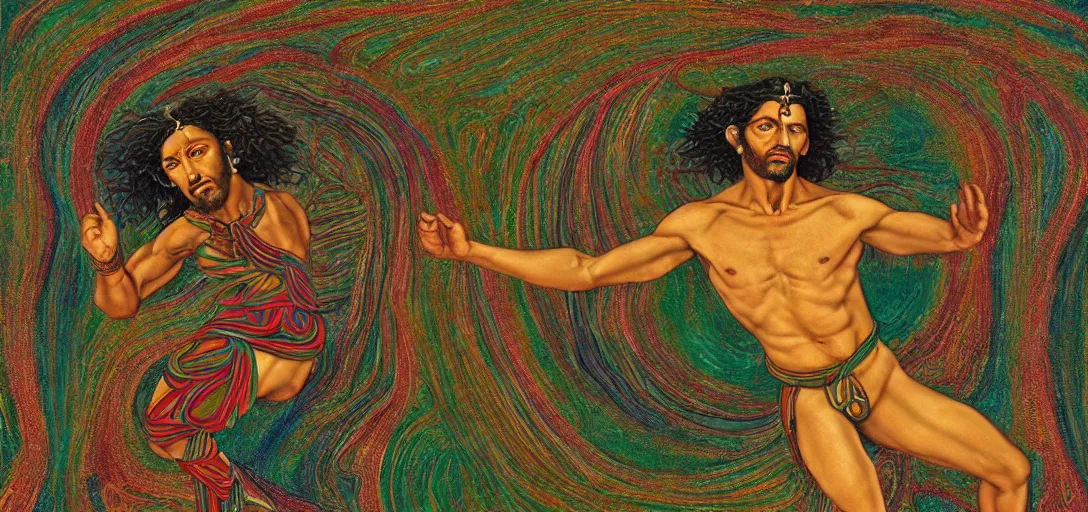 Prompt: an abstract spiritual background, portrait of a multiracial greek god dancing ecstatically, green eyes. 2 4 mm, photorealistic, muted color scheme, directed by mati klarwein and mat collishaw