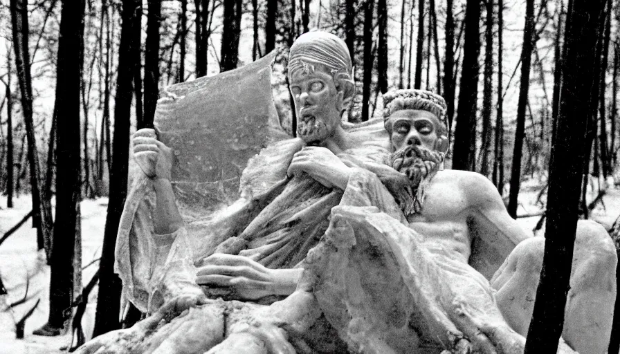 Image similar to 1 9 6 0 s movie still close up of a skinny emperor marcus aurelius with frozen face and a frozen toga, laying down on the danube's shore pine forests, cinestill 8 0 0 t 3 5 mm b & w, high quality, heavy grain, high detail, texture, dramatic light, anamorphic, hyperrealistic, foggy