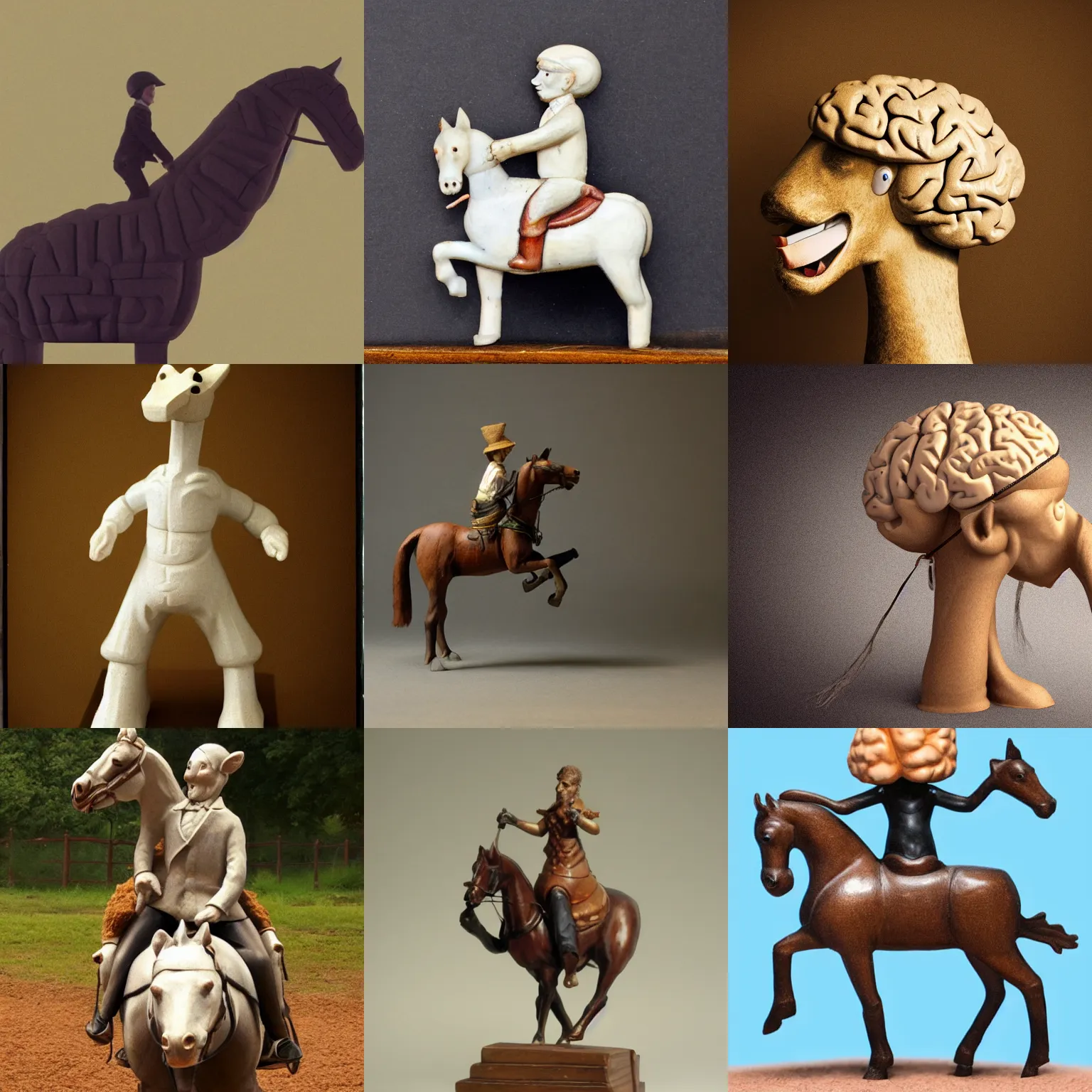 Prompt: anthropomorphic brain riding horse
