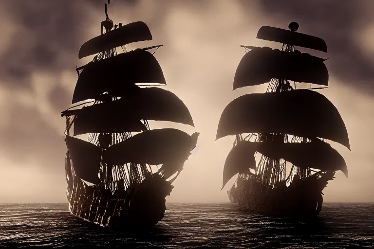 Image similar to the black pearl from pirates of the caribbean sailing across rough and cruel seas, volumetric lighting, f 8 aperture, cinematic eastman 5 3 8 4 film