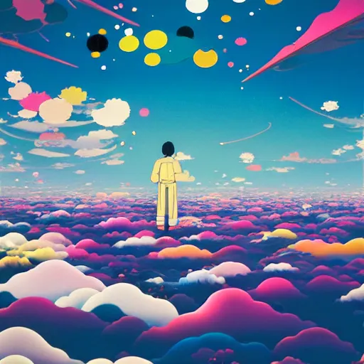 Image similar to a man walking on clouds away from the camera above kyoto by takashi murakami, beeple and james jean, aya takano color style, 4 k, super detailed, modern, 4 k, symmetrical