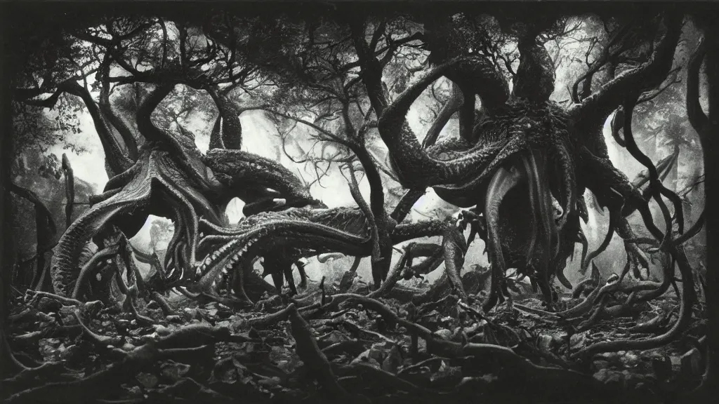 Prompt: An epic beautiful photo of an ancient terrifying Cthulhu in dark forest, consuming and eating and destroying a futuristic. by Diane Arbus and Louis Daguerre. highly detailed.