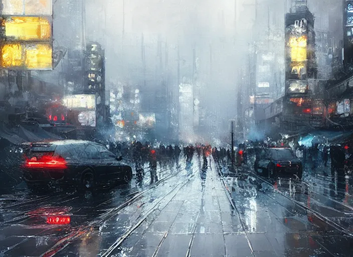 Prompt: neotokyo cityscape in winter painted by jeremy mann, street - level, dripping oil paint, thick brushstrokes, abstracted painterly techniques, high resolution, 8 k