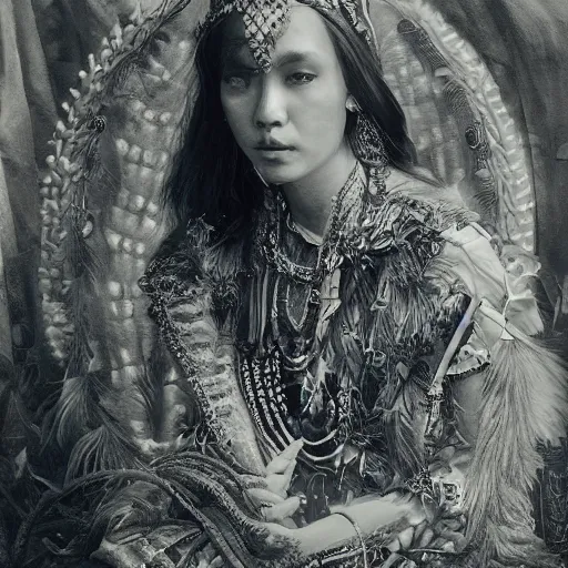 Prompt: An extremely beautiful pre-raphaelite ornate portrait of a very beautiful Dayak native, ultradetailed, intricate, elegant, digital art painting, smooth, sharp focus, magazine art cover illustration, regal, award winning picture, extremely detailed masterpiece, sense of awe, featured on Artstation, Artgerm, ethereal bubbles, Aetherpunk, atmospheric lightning, Exquisite floral details, 8K detail post-processing