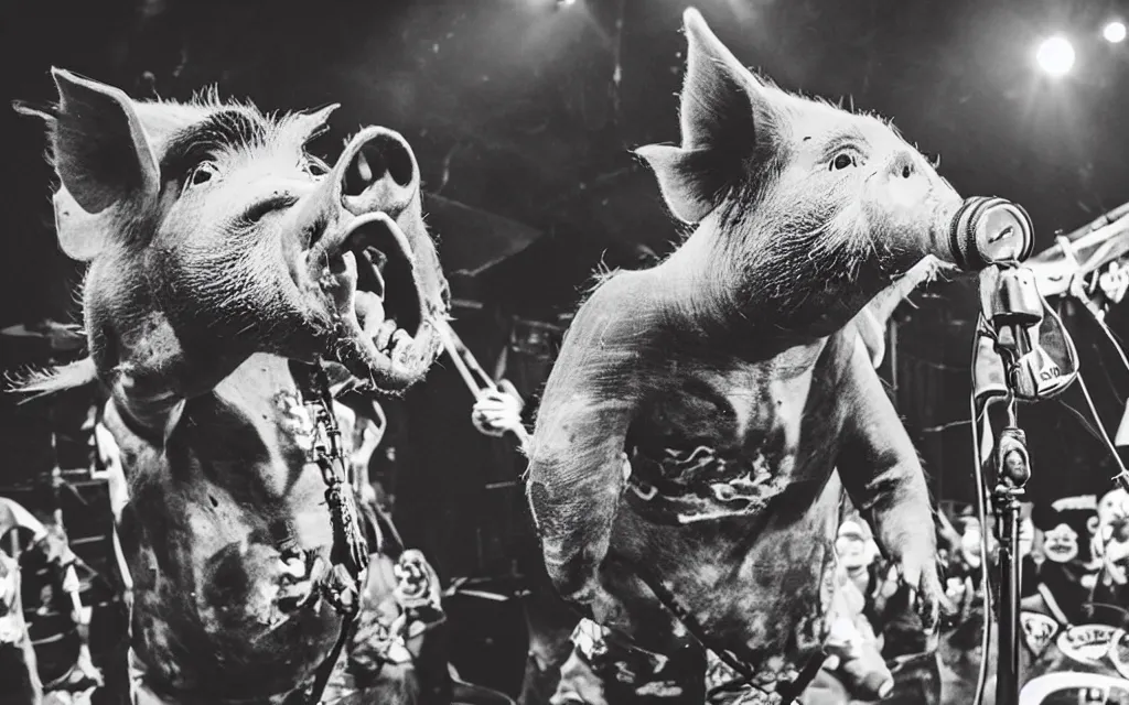 Image similar to a pig screaming on the microphone in a grindcore show