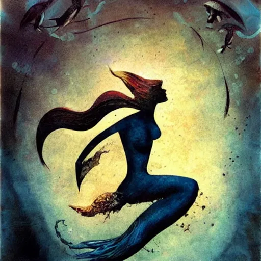 Image similar to Beautiful mermaid swimming, by Dave McKean, saw