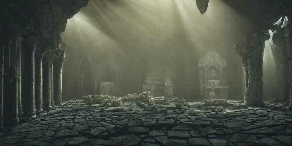 Prompt: a fantasy ruined dwarven hall interior in cave, huge columns, wet floors, high ceiling, dark moody lighting, foggy atmosphere, god rays, bright colors, matte painting by Dylan Cole and Denis Villeneuve, low angle view