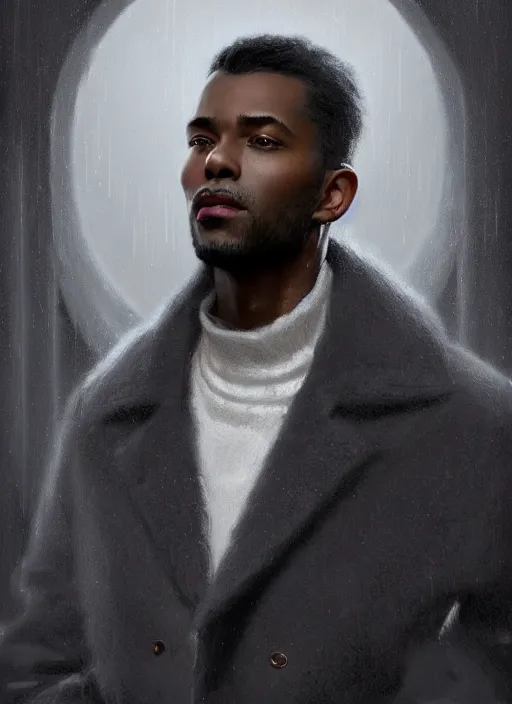 Image similar to portrait of handsome black man wearing grey peacoat, baroque lightbulb idea, middle aged and fit, elegant atmosphere, glowing lights, highly detailed, digital painting, artstation, concept art, smooth, sharp focus, illustration, art by wlop, mars ravelo and greg rutkowski