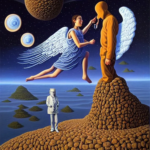 Prompt: an oil on canvas portrait of a man painting a portrait of a beautiful angel, surrealism, surrealist, cosmic horror, rob gonsalves, high detail