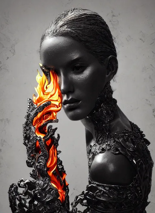 Image similar to sculpture made of flame, portrait, female, future, torch, fire, harper's bazaar, vogue, fashion magazine, intricate, concept art, close up, ornate, luxury, elite, elegant, trending on artstation, by ruan jia, by Kenneth Willardt, by ross tran, by WLOP, by Andrei Riabovitchev,