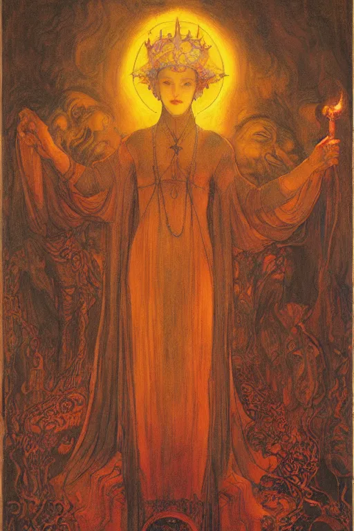 Image similar to queen of the underworld with her lantern by Annie Swynnerton and Nicholas Roerich and jean delville, strong dramatic cinematic lighting , ornate headdress , flowing robes, lost civilizations, smooth, sharp focus, extremely detailed