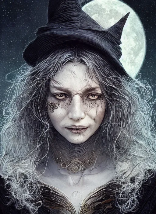 Image similar to golden moon at background, creative!!! composition for a book cover, absurdly beautiful, ultrafine hyperrealistic detailed old witch face by wlop and artgerm and greg rutkowski, intricate linework, sharp focus, smooth, octopath traveler, final fantasy, unreal engine, dramatic lighting, ethereal, 8 k