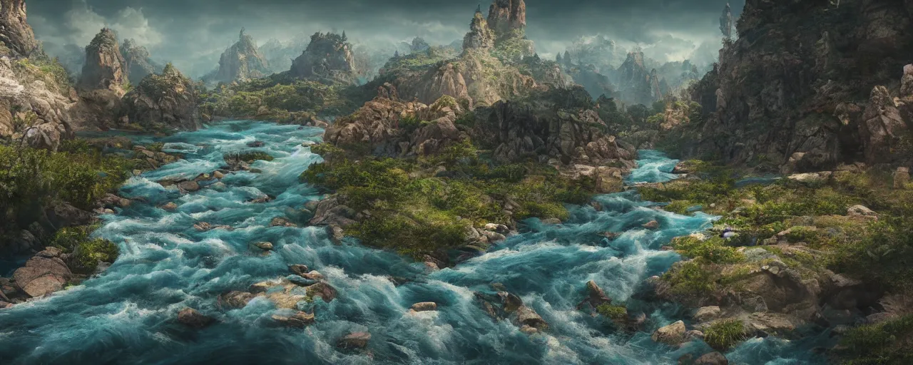 Image similar to ” otherwordly landscape with a river, [ by wlop, cinematic, detailed, epic, widescreen, opening, establishing, mattepainting, photorealistic, realistic textures, octane render ] ”