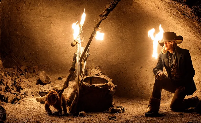 Image similar to a dirty golden retriever finding many large gold nugget piles in a dark mine and wearing a black western hat and jacket, dim moody lighting, wooden supports and wall torches and pick axes, cinematic style photograph