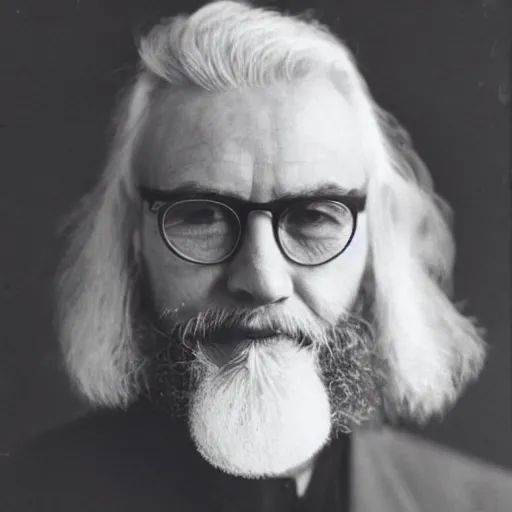 Prompt: man in his 5 0 s with long white hair, a white chin beard without mustache and small thin - frame round glasses