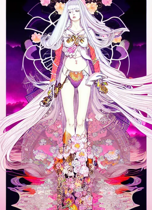 Image similar to artstation highly detailed terada katsuya fantasy bloom manga poster of girl mechine, rainbow gradient reflection, ayami kojima, long hair, armor, dress, laces, ruffles, 8 k, maximalist, alphonse mucha