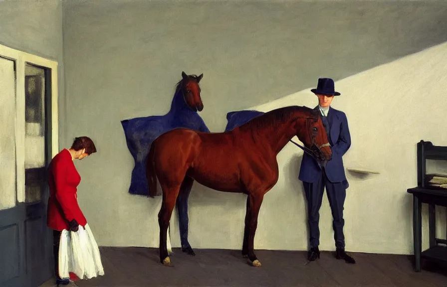 Prompt: a confused horse in a best buy, american realism style, edward hopper, george bellows, bo bartlett, jamie wyeth